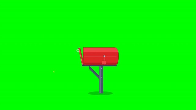 Animated red mailboxes in a grid receiving envelopes on a solid green chroma key background. Ideal for postal delivery services and digital communication video content.
