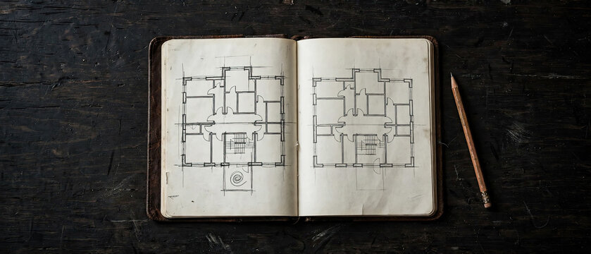 Architectural Floor Plan Blueprint Sketch in Open Notebook with Pencil on Dark Wood Table