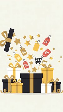 Animated Black Friday Sale Banner with Opening Gift Box and Floating Discount Tags.