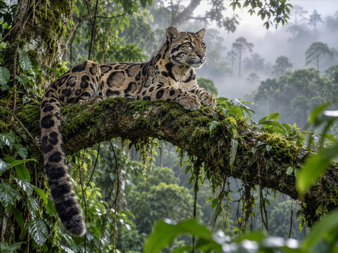 Clouded leopard resting on mossy tree branch in misty rainforest