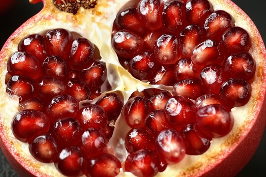 Displays Close View Of Halved Pomegranate Showcasing Vibrant Red Seeds Against Contrasting White Yellowish Pulp Cut Open To Reveal