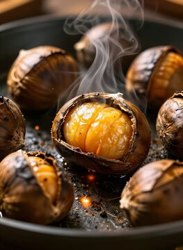 Showcases Culinary Scene Featuring Chestnuts Roasted Opened To Reveal Cooked Interiors Dark Brown With Glossy Sheen Indicative