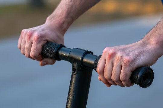 Captures Close Of Persons Hands Gripping Handlebar Electric Scooter Black With Textured Grip Featuring Cylindrical Shape Knurled