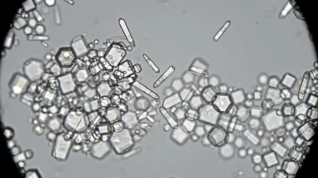 Gradual formation of uric acid crystals within a clear biological fluid environment. Tiny needle-like monosodium urate crystals slowly begin to appear and increase in number 