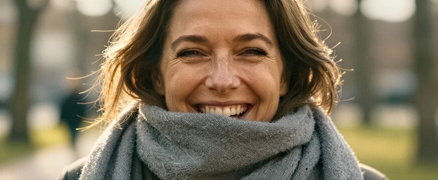 Captures Close Portrait Of Woman Outdoors To Late Afternoon Given Warm Golden Sunlight Smiling Broadly Showing Teeth Conveys Sense