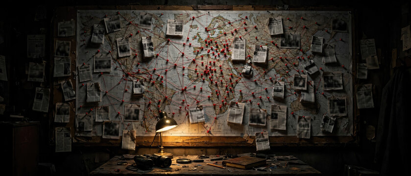 World map investigation board with red pins and strings in dark detective office with vintage desk props