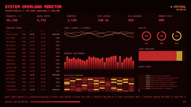 Red System Overload Monitor Cluster Process Table Alert Feed Dashboard.