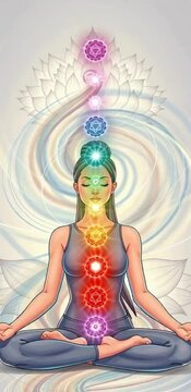 Girl Sits in Lotus Position with Chakras. Muladhara Chakra Animation 4K stock  copy space video.
