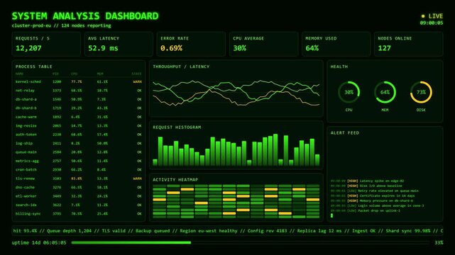 Green System Analysis Dashboard Live Cluster Metrics Process Table Alert Feed.