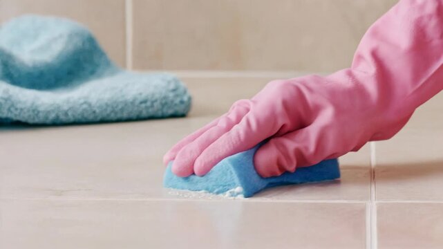 Close-up of pink gloved hand scrubbing tiled surface with blue sponge
