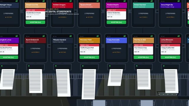 Animated explainer of a ghost kitchen concept showing multiple virtual digital storefronts operating from a single centralized industrial kitchen using generic packaging for food delivery apps