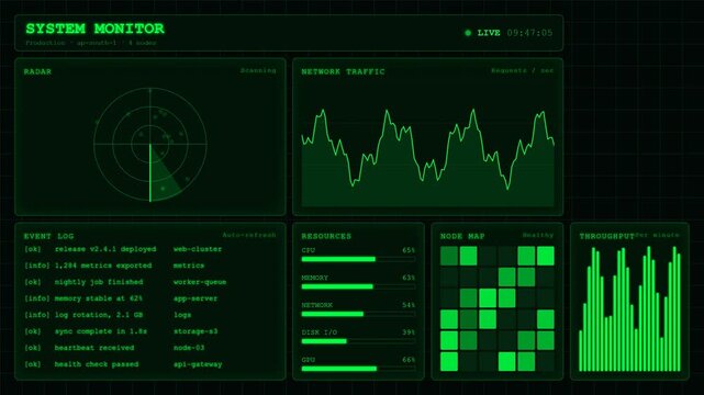 Green System Monitor Radar Scan Network Traffic Node Map Dashboard.