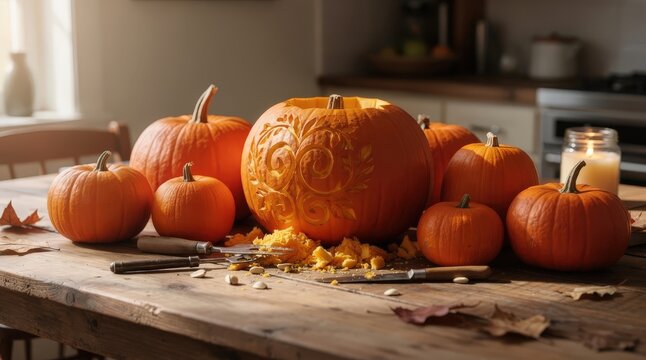 Intricately Carved Pumpkin Surrounded by Uncarved Pumpkins on Rustic Wooden Table in Cozy Kitchen, Warm Autumn Light Streaming Through Window, Tools and Leaves Scattered, Capturing Festive Fall