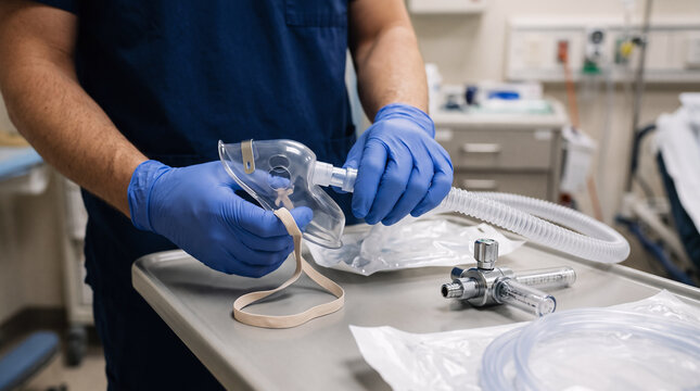 close-up of a healthcare professional's hands assembling a transparent oxygen mask and flexible oxygen tubing beside a compact unbranded oxygen flow regulator in a hospital treatment area