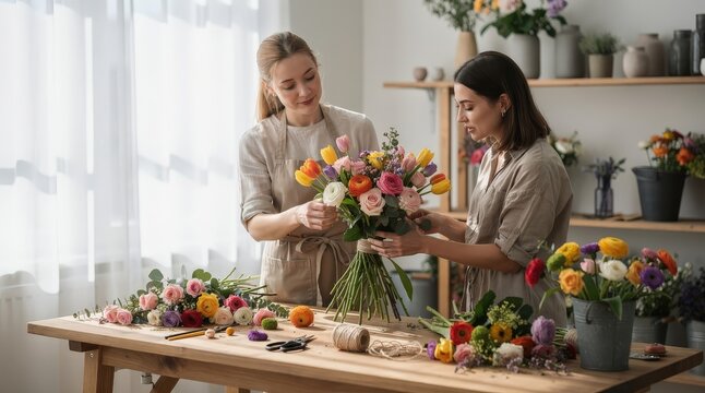 Two Creative Florists Arranging Vibrant Flower Bouquet in Bright Sunlit Workshop, Natural Light Streaming Through Windows, Blooming Flowers and Tools on Wooden Table, Capturing Artistic Collaboration