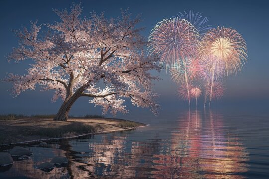 Majestic Cherry Blossom Tree Illuminated by Vibrant Fireworks Display Over Tranquil Lake, Reflective Water Surface, Soft Twilight Sky, Capturing Celebration and Natural Beauty