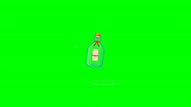 A pattern of small illustrative glass bottles with corks and tags scattered across a solid green chroma key background. Perfect for fantasy game UI and video editing overlays.