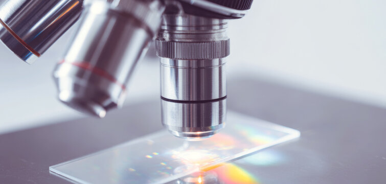 Microscope objective lens focusing on a glass slide with colorful light refractions, symbolizing scientific discovery and research