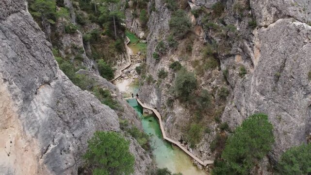 Aerial View of Hikers on the Fluvial Route Through Beceite Canyon