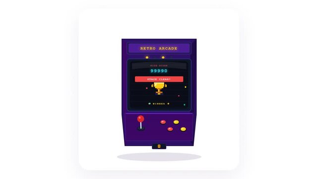 Six flat purple arcade machine icons showing different game screens and trophy animations. Perfect for retro gaming apps and nostalgic motion graphics.