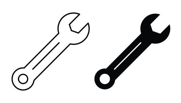 Set of simple wrench and spanner tool icons in black and white vector flat style.