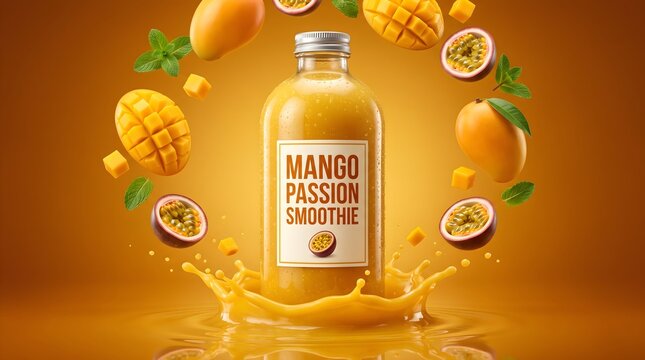Glass bottle of mango passion fruit smoothie surrounded by flying tropical slices on orange background