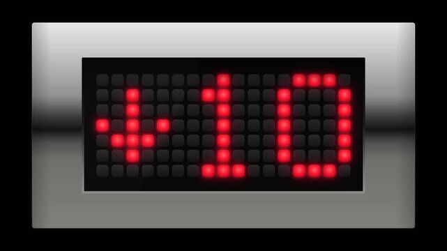 Static close up of elevator display screen showing red LED floor ten and down arrow indicator