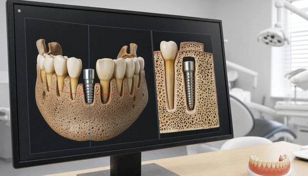 Digital CBCT implant planning simulation software displaying precise virtual placement of dental implants in jaw bone