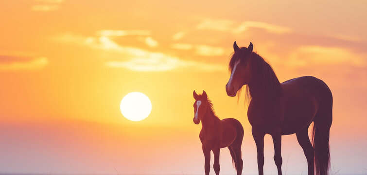 Mare and foal standing together, silhouettes against a vibrant golden sunset, creating a bond and nature concept