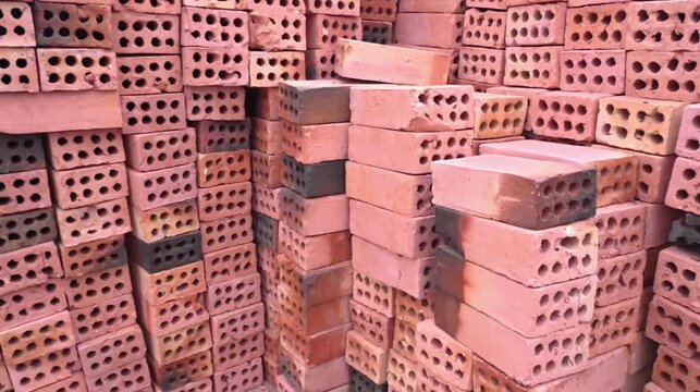 Close Up of Stacked Red Clay Bricks for Construction