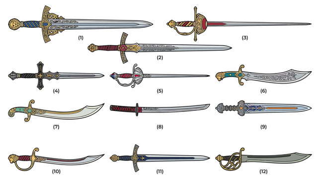 Collection of antique and historical swords isolated