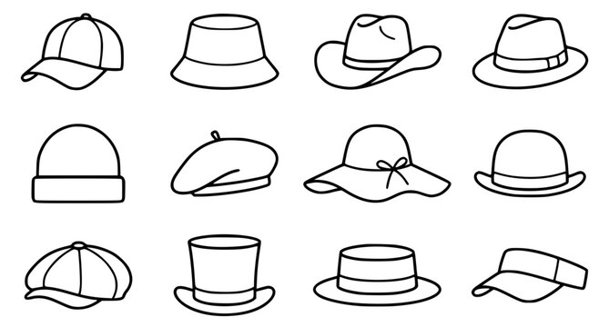 Set of 12 Different Hat Types Black Outline Vector Icons
