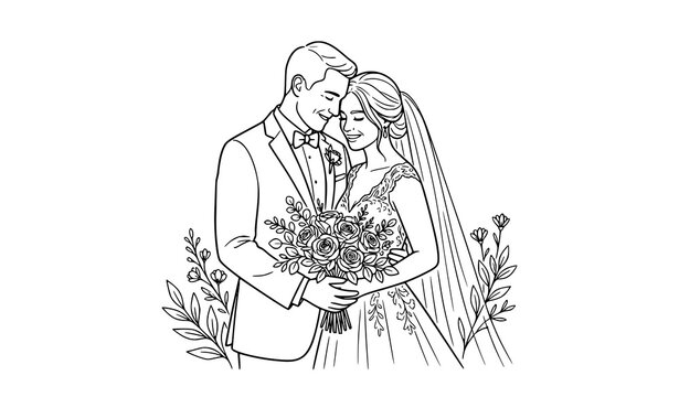 Newlywed bride and groom holding a bouquet of flowers embracing affectionately