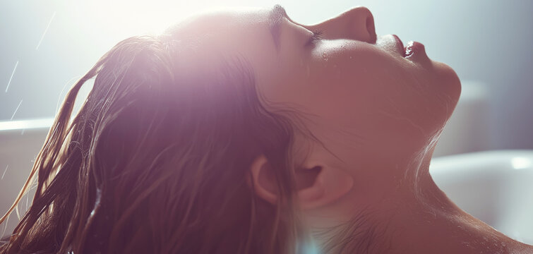 Woman's profile with damp hair, eyes shut, enjoying a refreshing hair treatment at a top notch salon