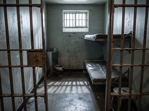 Dimly lit interior of a desolate prison cell with metal bunk beds, a stainless steel toilet, and sunlight casting window bar shadows on the floor