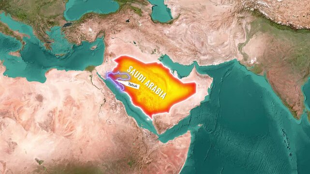 Map highlighting Tabuk region inside Saudi Arabia with glowing boundaries