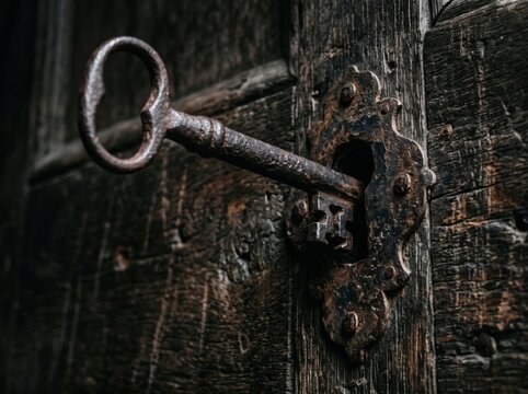 Antique rusty skeleton key inserted into an ornate iron keyhole on an old dark wooden door