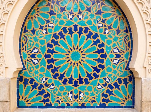 Traditional Moroccan zellij tile mosaic with blue and turquoise geometric star pattern inside an arch frame