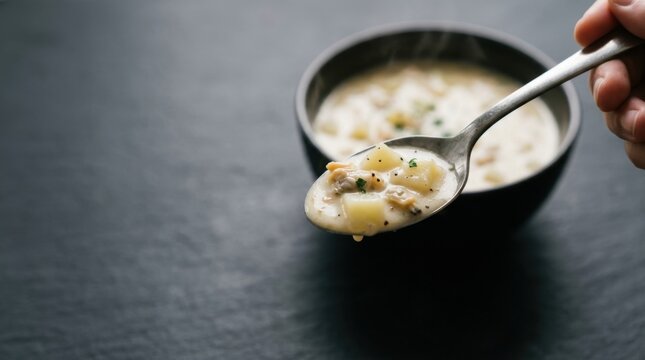 A close-up shot of a spoonful of creamy clam chowder being lifted from a dark bowl.