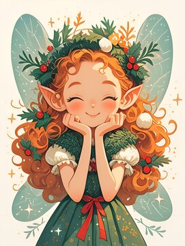 Cute cartoon fairy with red curly hair and elf ears wearing a green dress and floral crown