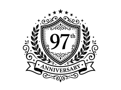 97th Anniversary Emblem with Shield Laurel Wreath and Ribbon Vector