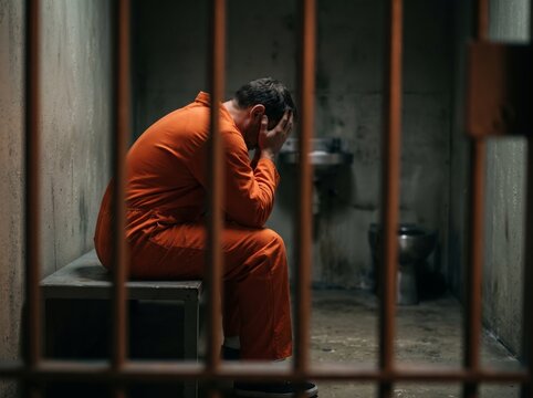 Depressed male prisoner in orange jumpsuit sitting in jail cell behind bars