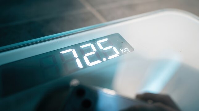 Digital smart scale displaying 72.5 kg weight measurement for health monitoring and weight loss progress, featuring electronic body composition tracking for fitness marketing and wellness apps.