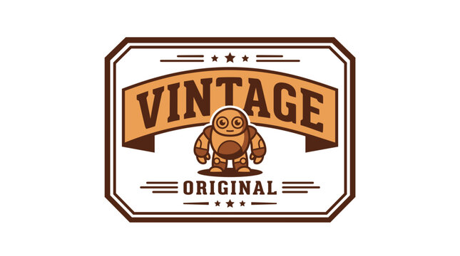 Vintage robot character mascot badge design in retro style