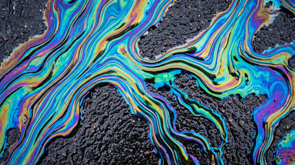 Fototapeta premium Crisis texture environment background with vivid oil film flow forming abstract colorful pattern and dramatic. Global climate change drought disaster earth nature ecology abstract ground surface