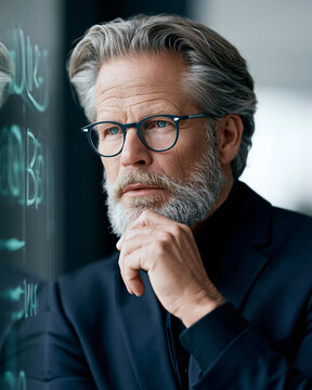 professional business leader studying abstract strategy diagrams on a glass board, modern executive office, natural daylight, authentic thoughtful expression, minimalist interior, refined corporate