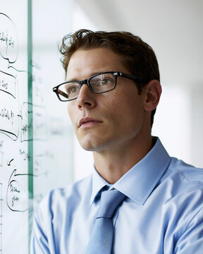 professional business leader studying abstract strategy diagrams on a glass board, modern executive office, natural daylight, authentic thoughtful expression, minimalist interior, refined corporate