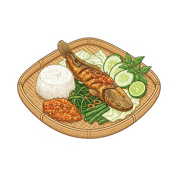 traditional Indonesian dish of fried catfish (pecel lele) served with steamed white rice, spicy chili paste (sambal), long beans (kacang panjang), sliced cucumber, basil leaves, and lime