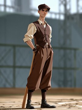 Young man dressed in vintage sports attire stands on a field holding a bat.