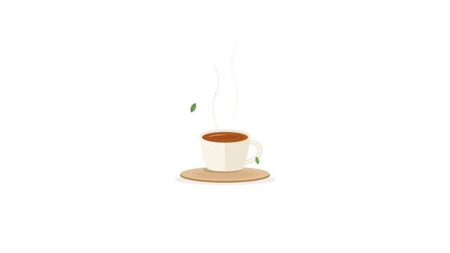 Minimalist white background featuring six steaming tea cups with wooden coasters and green leaves for a mindfulness theme. Perfect for wellness and mental health video projects.
